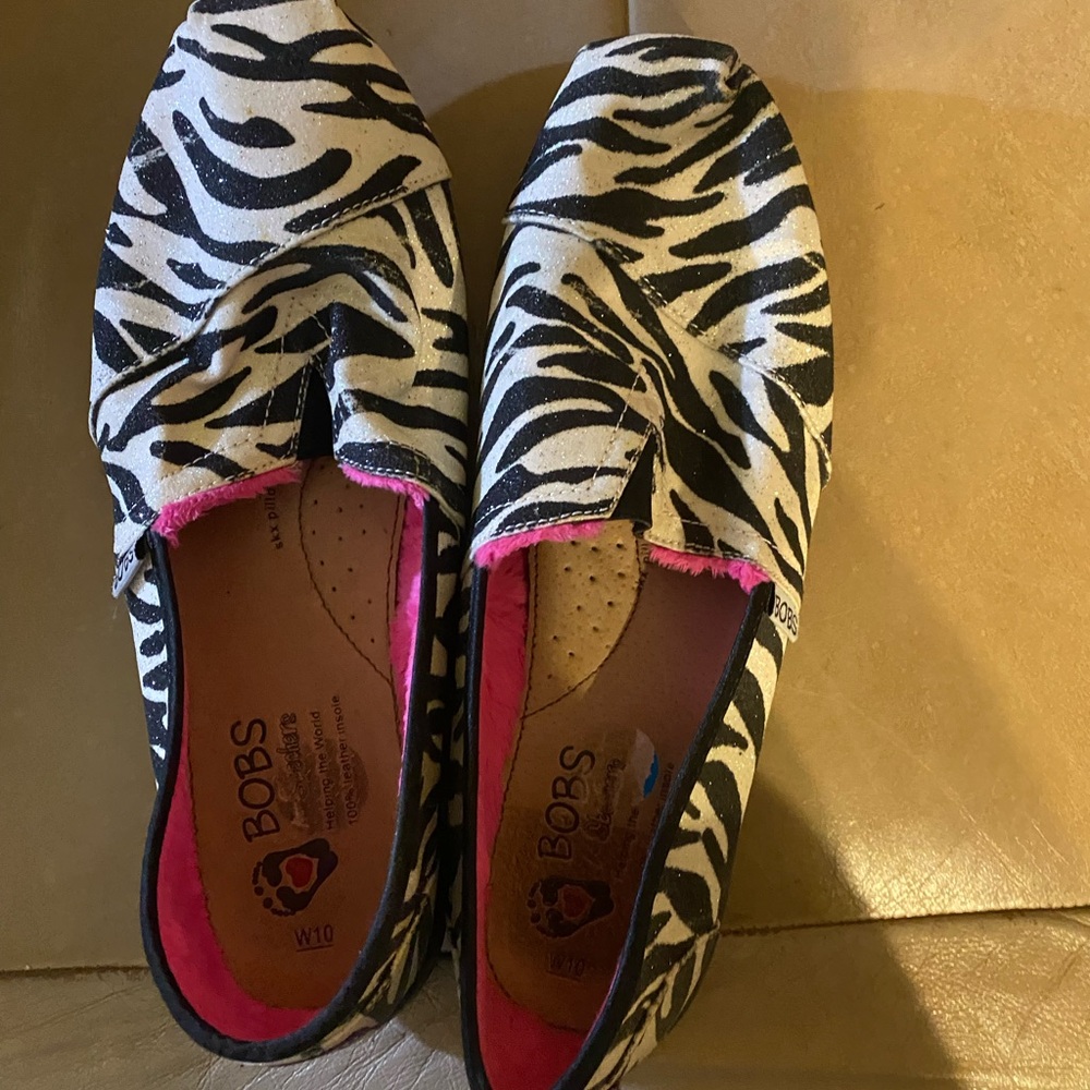 Skechers BOBS Zebra Print Slip-Ons - Black and Pink